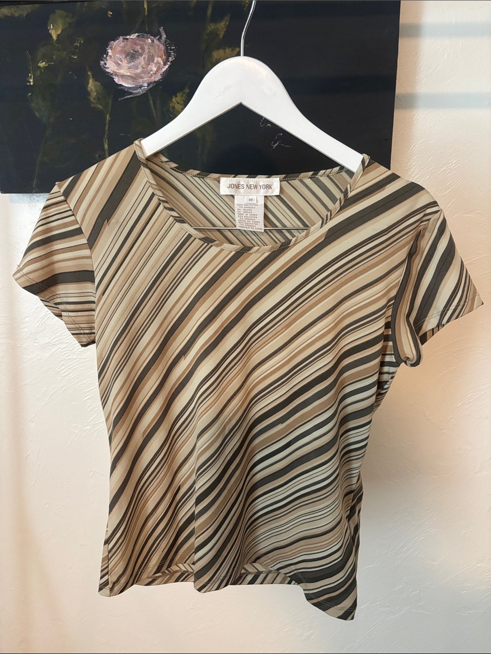 Jones New York Vintage Beige and Black Diagonal Stripe Short Sleeve Blouse